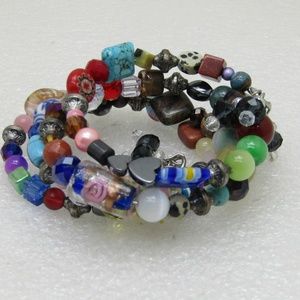 Glass Beaded Coiled Memory Bracelet,  Dangle Beads